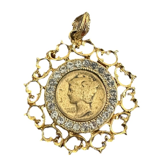 Vintage W.L.P. gold tone rhinestone gold 1941 mercury dime pendant 2” - Picture 2 of 5